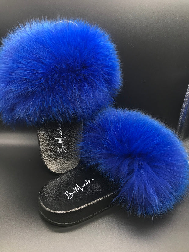 Royal Blue Fur Slides