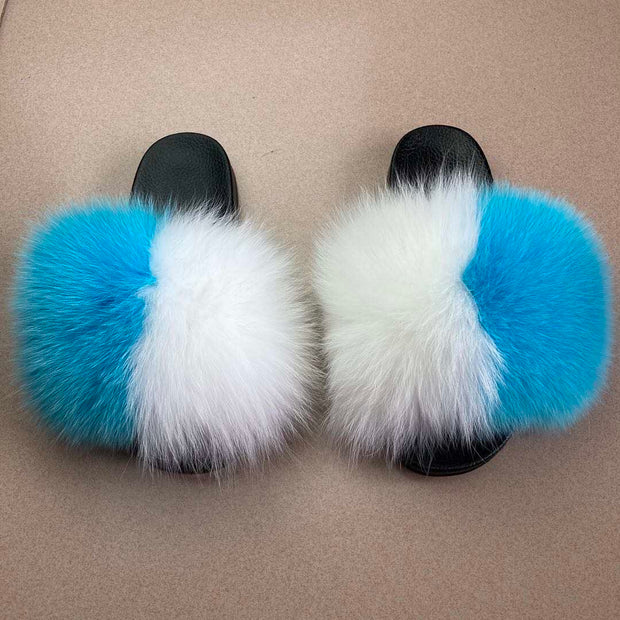 Side-by-side Turquoise Fur Slides